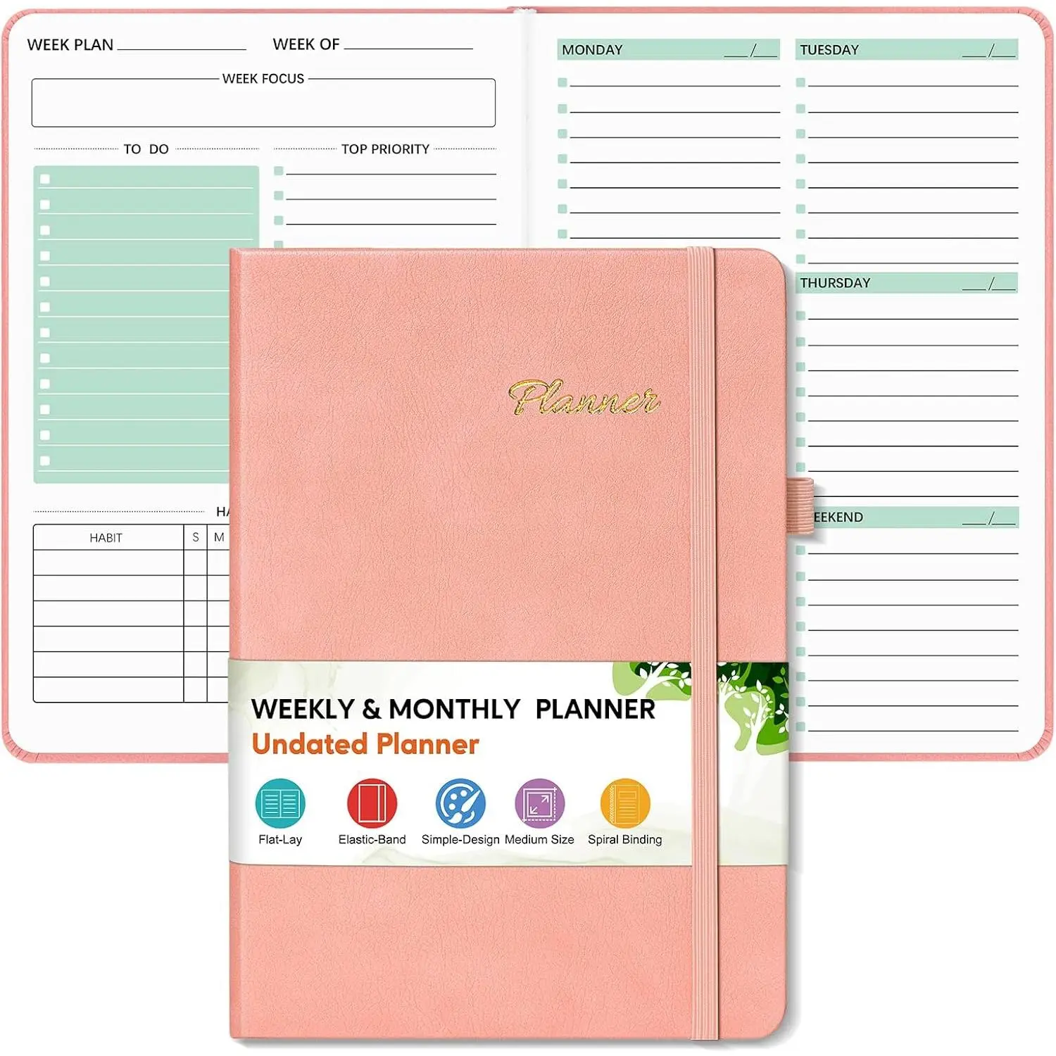 Undated Weekly and Monthly Planner, Hardcover Leather Calendar Blank Planner, Simplified  Notebook with Goal & Habit  Organizer, A5 Daily Weekly Planner for Work School ,