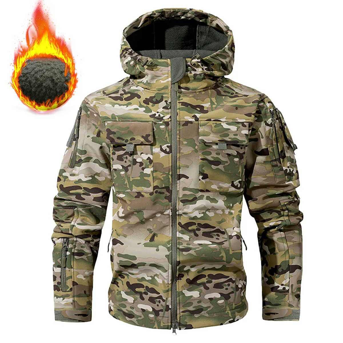 Men's Fitted Long-Sleeve Polyester Camouflage Woven Softshell Workwear Jacket - Hooded, Thick, Waterproof, Wear-Resistant, Cold-Proof, Warm, Multi-Pocket Fleece-Lined Plain Pull-On Outdoor Coat for Autumn Winter Menswear Tops