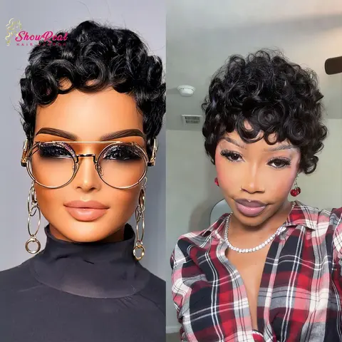 ShowRealHair Model 025 Pixie Cut Wig – featuring a tight-curl style, voluminous short curls, and a layered cut; a glueless short wig designed for women