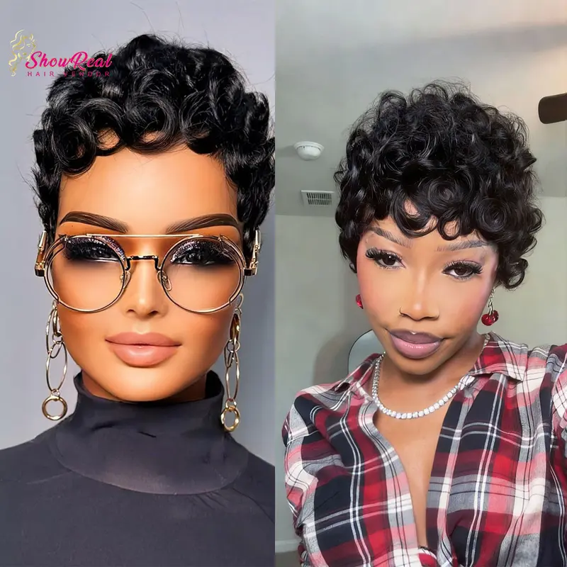 ShowRealHair Model 025 Pixie Cut Wig – featuring a tight-curl style, voluminous short curls, and a layered cut; a glueless short wig designed for women