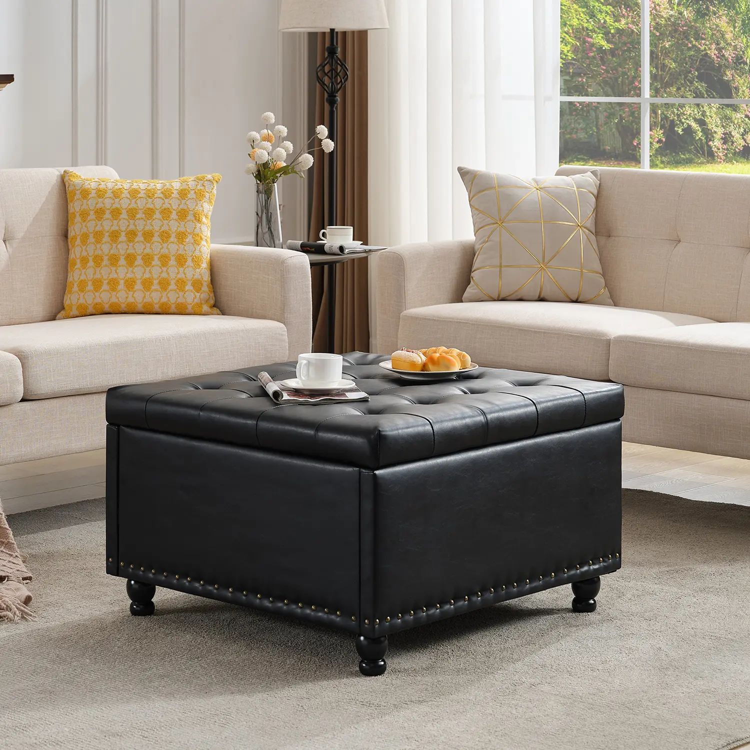 Tbfit Tufted Storage Ottoman Bench - PU Leather, Wooden Legs, 30" Space-Saving Compartment, 300 lbs Capacity, Assembly Required, Comfortable Use Button Tufted Coffee Table for Living Room,dorm essentials,home decor