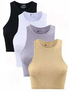 4-Piece Ribbed Cropped Tank Top | Seamless Sleeveless Workout Crop Top for Women