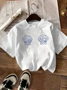 Women'S Tropical Shell Print Casual T-Shirt - High-Stretch Round Neck Short-Sleeve Top, Machine Washable in White And Blue for Summer Beach Wear, Comfortable Fit for All Seasons, Breathable Fabric, Minimalist Design