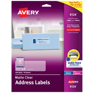 Avery Printable Address Labels with Sure Feed, 1-1/3" x 4", Matte Clear, Permanent Adhesive, Laser & Inkjet, 140 Blank Mailing Labels (8124)