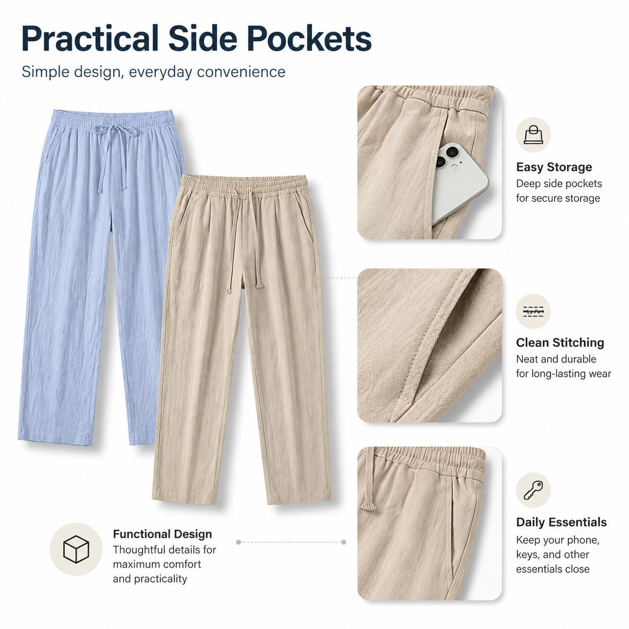 3-pack men’s 100% cotton casual pants: lightweight drawstring pants, breathable straight sleep pants with pockets—suitable for everyday wear, sports, leisure, and outdoor beach activities.