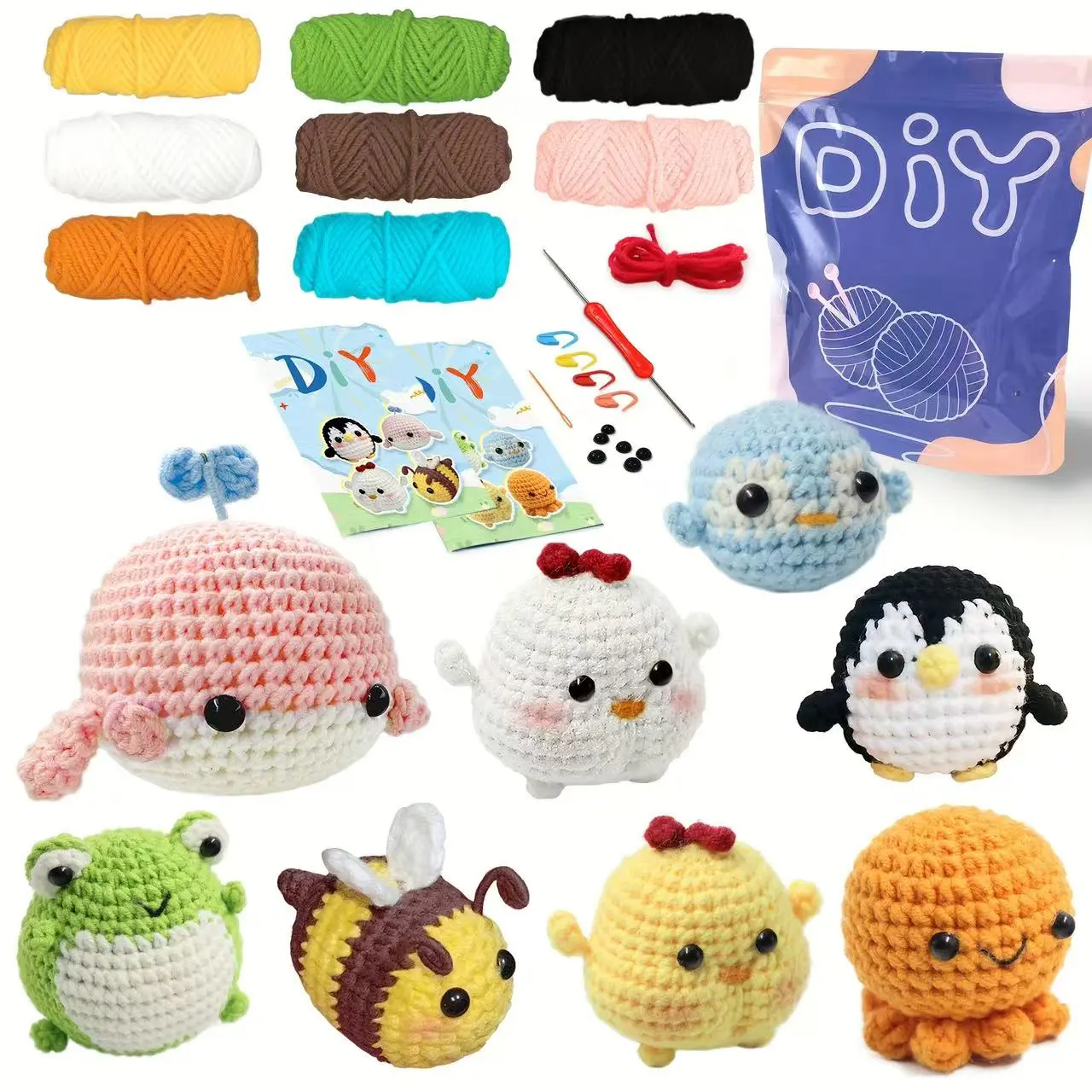 YAMAXIN Animals Crochet Gift Kit with Step-by-Step Video Tutorials, Penguin, Bee, Frog, Crochet Items, Crocheting Kit, Crochet Kit for Beginners, DIY Kits, DIY Beginner Crochet Starter Material Package, Beginner Crochet Set, Handmade Crochet Penguin