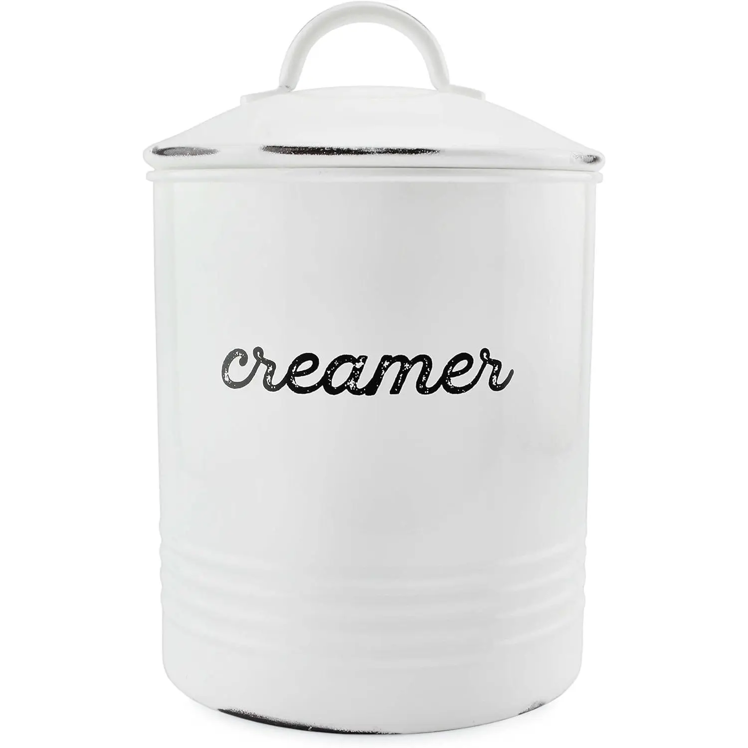 Enamelware White Creamer Canister; Rustic Distressed Style Coffee Accessory Storage for Kitchen