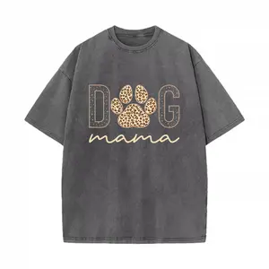 Women's Baggy Comfortable Leopard Print Washed Streetwear T-Shirt - Vintage Fabric, Dog Mama Paw Design, Casual Cute Mothers Day Gift Ideas for Mom