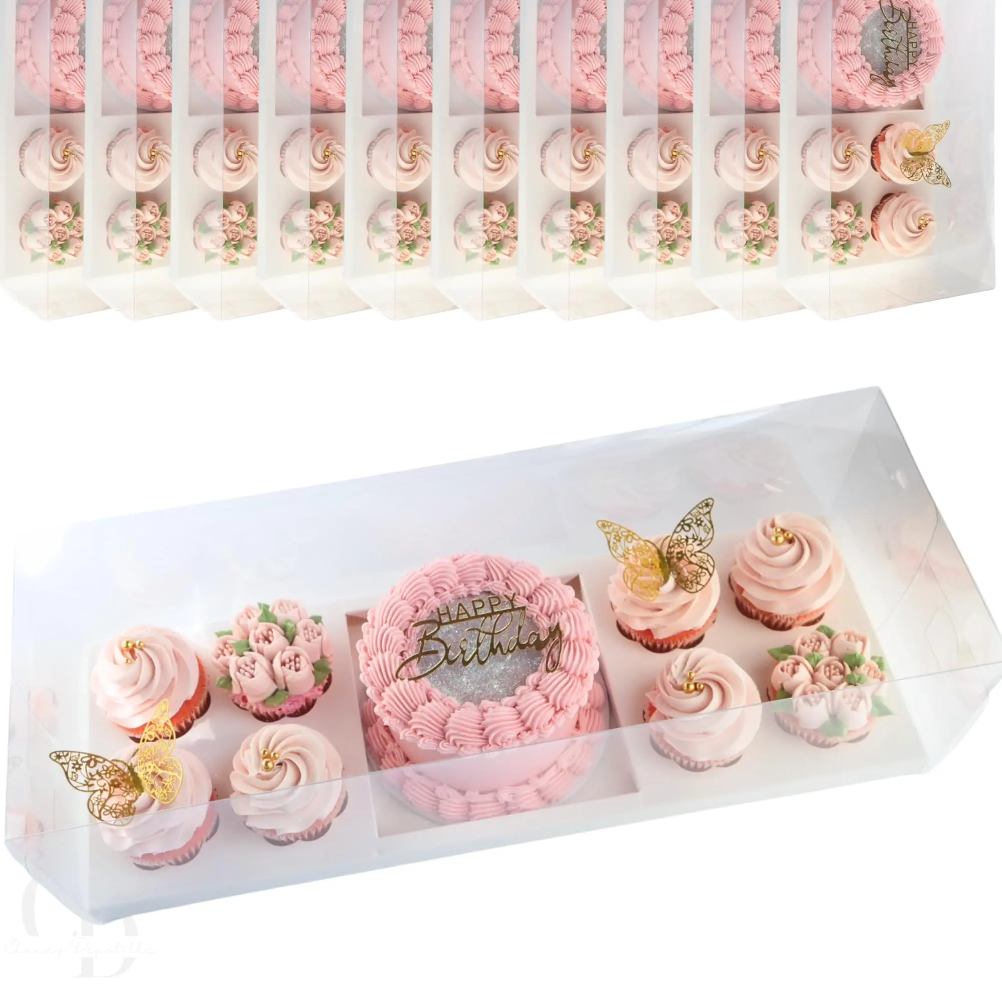 Chaney Depot LLC Bento Cake and Cupcake Box 8 Cupcakes, 1 6x6in slot for a 4-5in cake, Clear Long Box- 10 Pack