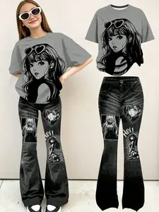 Kawaii Anime Girl Print T-Shirt + Patchwork Flare Denim Jeans Set, Y2K Goth Streetwear Aesthetic for Girls, Casual Slim-Fitting Suit