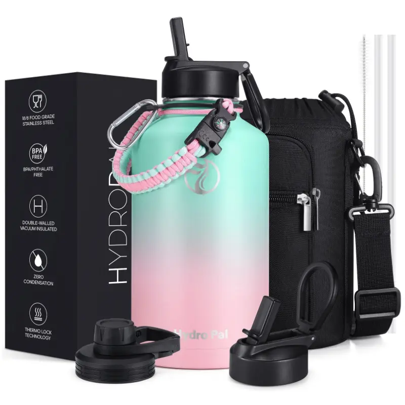 HydroPal 64oz Stainless Steel Insulated Water Bottle with Chug Lid & Straw Wide Mouth Double-wall Vacuum Thermo Flask with Paracord Carrier BPA Free Food Grade Material