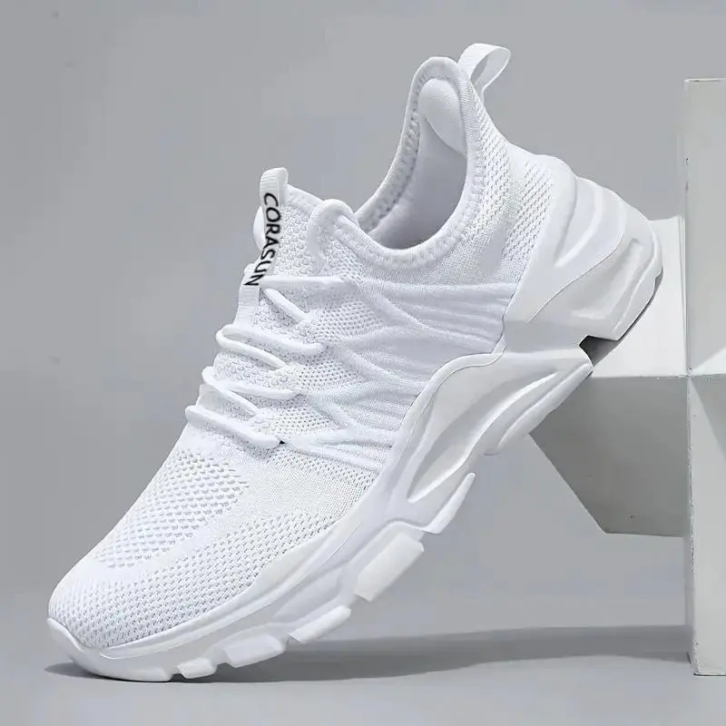 Men Breathable Fly Knit Mesh Running Sneakers, Lightweight Shock Absorbing Non Slip Platform Athletic Shoes, All Black White Two Color Casual Trainers, Soft Comfort Lace Up Sport Footwear For Gym Workout Travel Daily Walking Runner