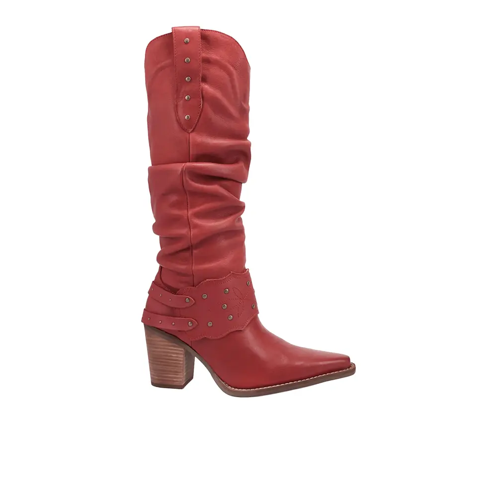 Dingo Womens Grit N' Grace Slouchy Studded Snip Toe Pull On Dress Boots Over the Knee Mid Heel 2-3" - Red
