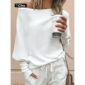Women’s plain asymmetrical hem boat-neck batwing-sleeve sweater, casual long-sleeve jumper for spring and autumn, women’s knitwear for everyday wear (gift).