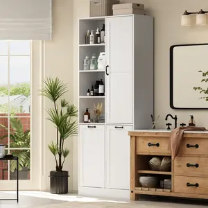 FUFU&GAGA Storage Cabinet with Laundry Hamper Tilt Out Laundry Basket, Display Cabinet with Adjustable Shelves & Double Tilt Out Trash Cabinets