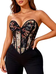 Women's Floral Print Shapewear Tops, Fashionable Lace Up Closure Corset, Tummy Control Shaper for Women