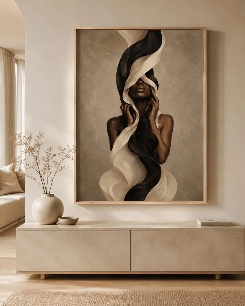 Abstract Black Woman Wall Art, Neutral Afrocentric Print, Black & Cream Portrait, Luxury Minimalist Decor