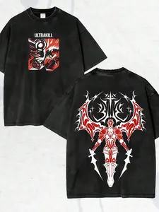 Classic Retro Top Ultrakill Letter Front Red White Demon Graphic Large Back Ornate Winged Sword Knight Crew Neck T Shirt Breathable Washed Cotton Loose Casual Top Great For Ultrakill Game Fan Gathering And Holiday Daily Street Outfit