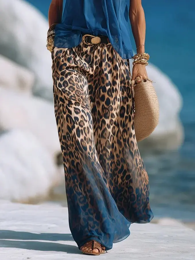 stylewe Leopard Print Wide Leg Pants for Women High Waisted Flowy Palazzo Vacation Beach Pants