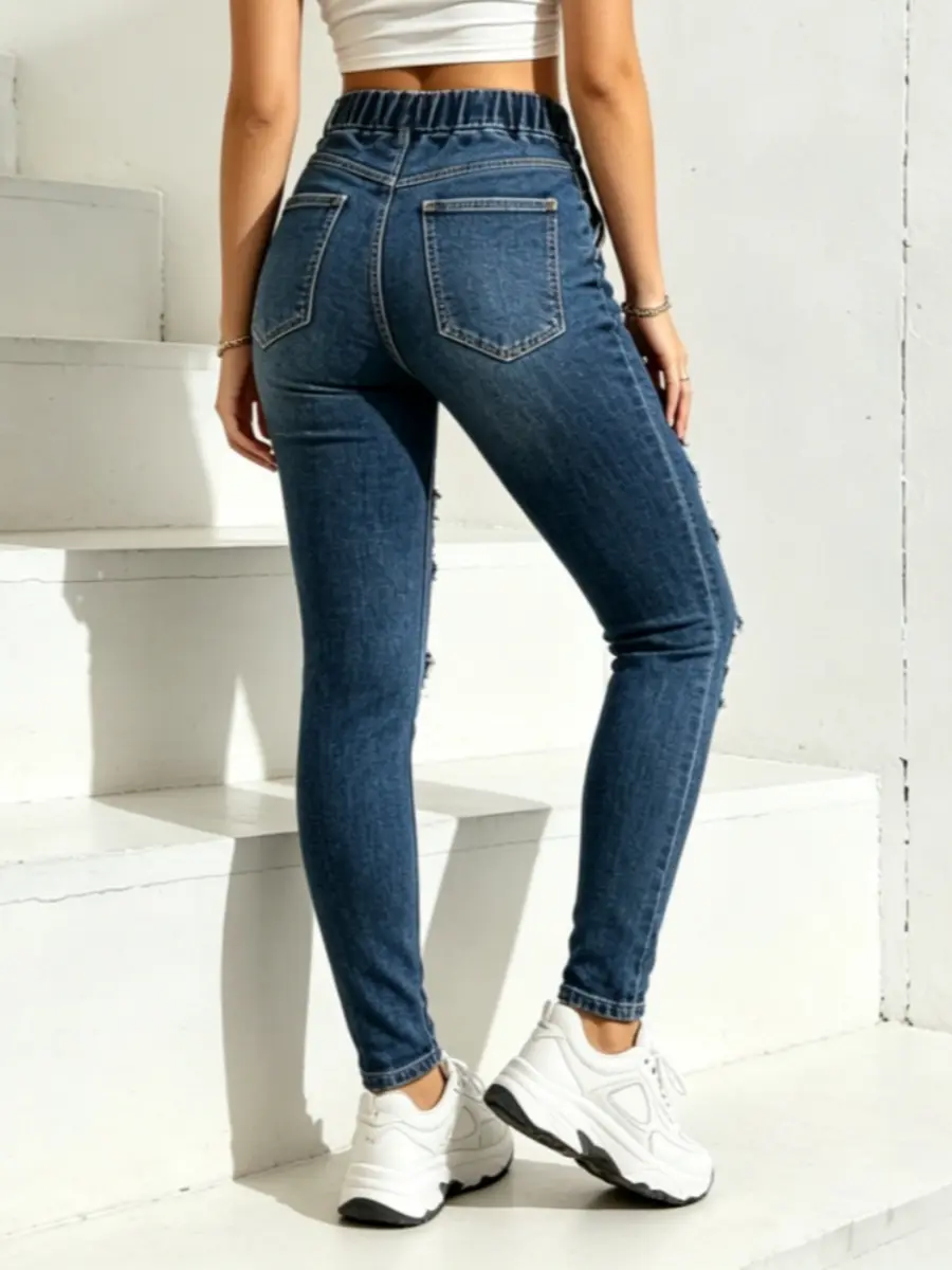 Women's Basic High-Waisted Stretchy Skinny Ankle Jeans, Ripped Distressed Washed Denim, Slim Tight Fit, Womenswear Bottoms