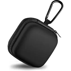Square Earbud Case Portable EVA Carrying Case Storage Bag Cell Phone Accessories Organizer with Carabiner for Earphone, Earbud, Earcounts, SD Memory Card, Camera Chips, Tech Pouch, Black