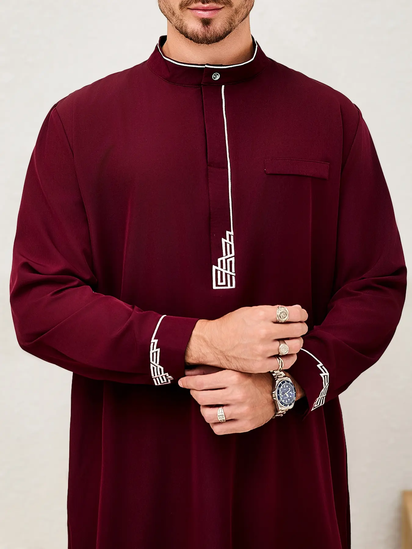 Arabian Islamic Traditional Men's Clothing, Wine Premium Traditional Collared Style Thobe Long Robe with Geometric Embroidery Collar, Traditional Arabic Robe, Perfect Gift for All Seasons