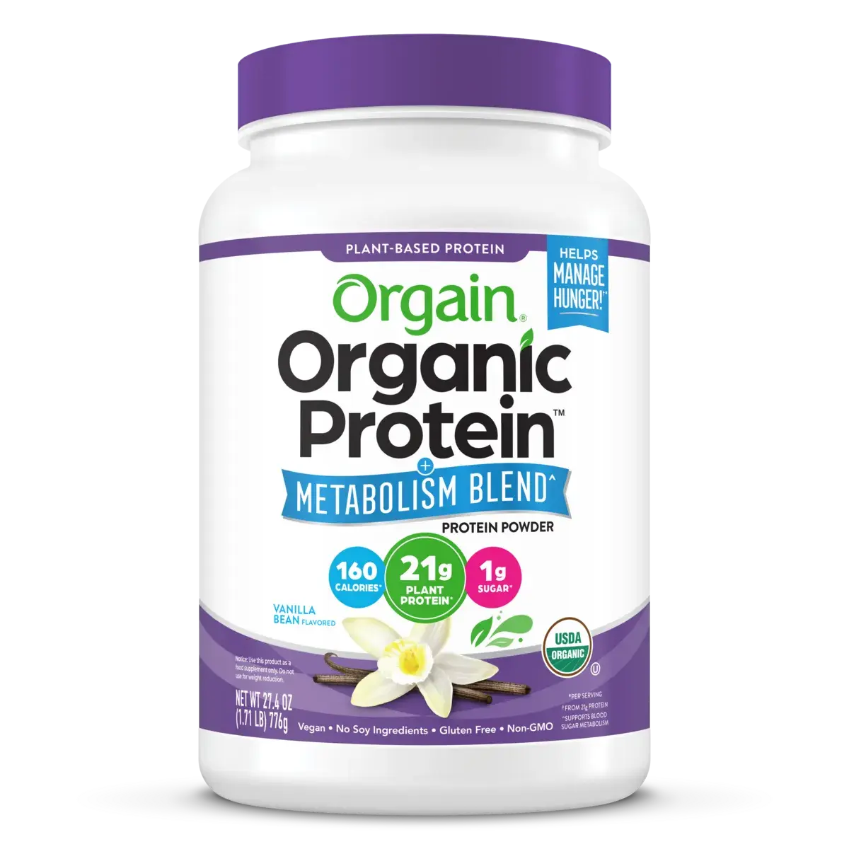 Orgain Organic Protein Powder + Metabolism Blend Vanilla Bean | 21g Plant Protein | Metabolism Support Blend | Chromium | Prebiotic Fiber | USDA Organic | Non-GMO
