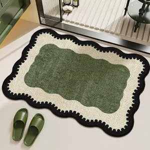 Retro wavy edge green bathroom door non-slip floor mat, Bath rug, Bathroom Decorative Mat, French entry carpet washable kitchen carpet home decoration bedroom carpet mid-century style living room carpet