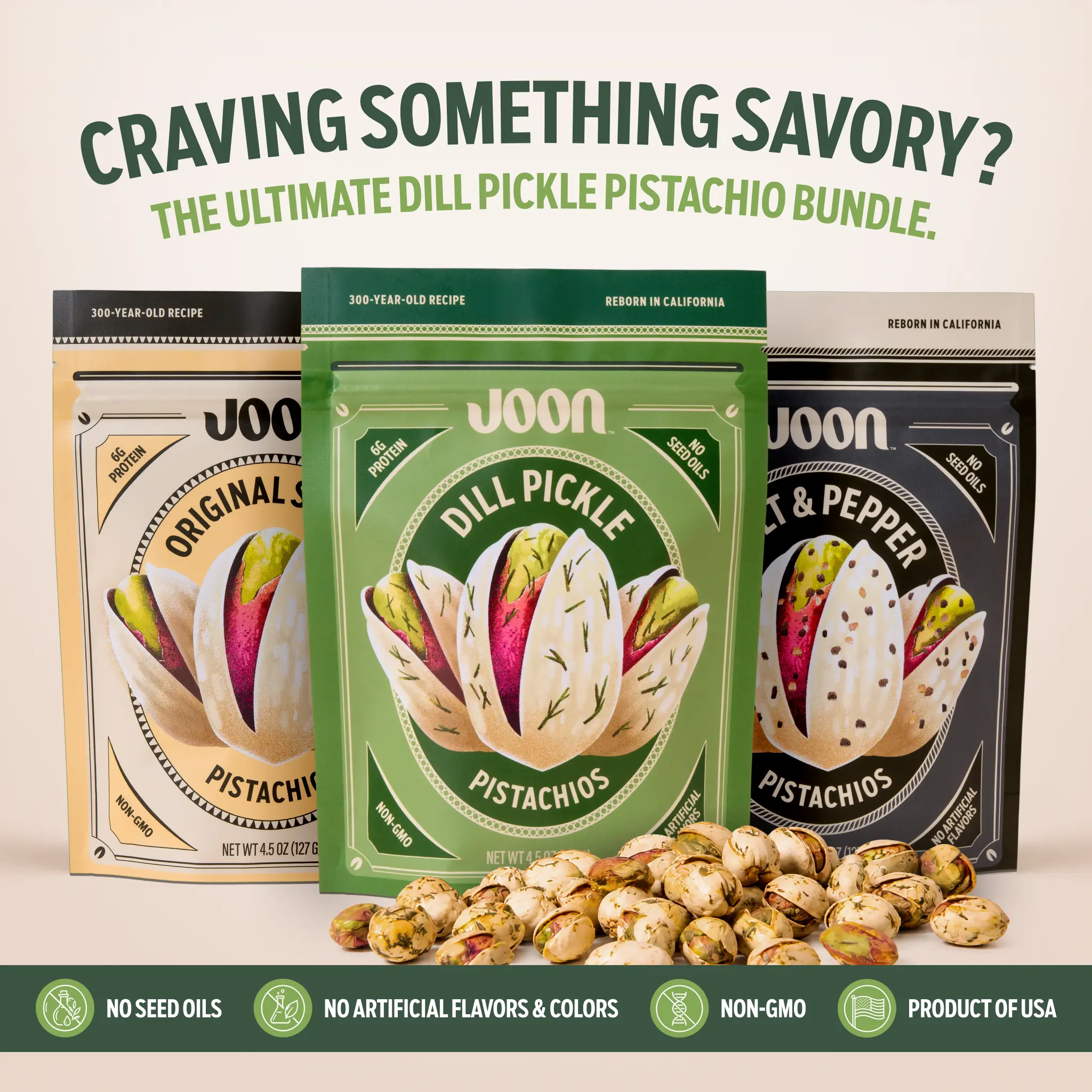 Joon Pistachios In Shell 3-Pack Variety Bundle, Salted Pistachios, Salt & Pepper & Dill Pickle Gourmet California Pistachios, 4.5 oz Each, Protein Snack, No Seed Oils