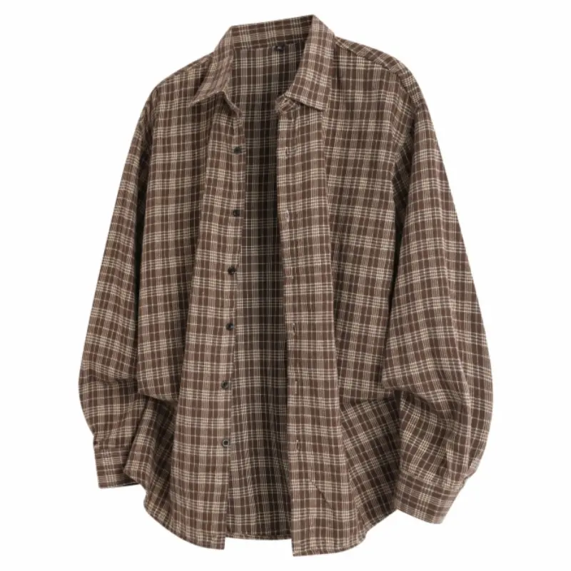 Men's spring and autumn new plaid shirt long-sleeved thin coat, loose and casual retro long-sleeved plaid shirt, trendy long-sleeved shirt, men's capeless lapel long-sleeved cardigan top, lazy design plaid shirt, soft and comfortable fabric, suitable for,