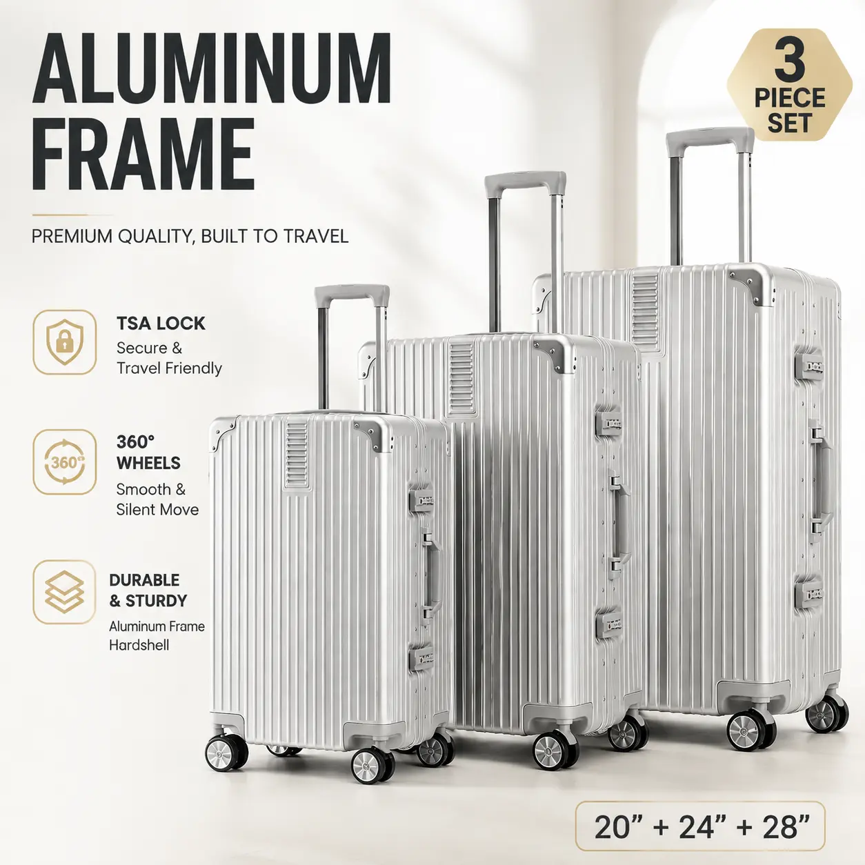 Premium Zipperless Aluminum Frame Luggage Set, 3 Piece Hardshell Suitcases 20/24/28 Inch with TSA Lock & Silent Spinner Wheels for Travel - Gold international