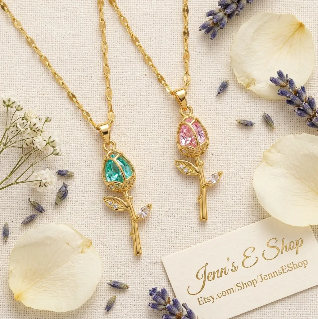 Gold Tulip Necklace, Blue Crystal Flower Pendant, 18K Gold Plated Stainless Steel Floral Jewelry, Unique Gift for Her, Everyday Elegance