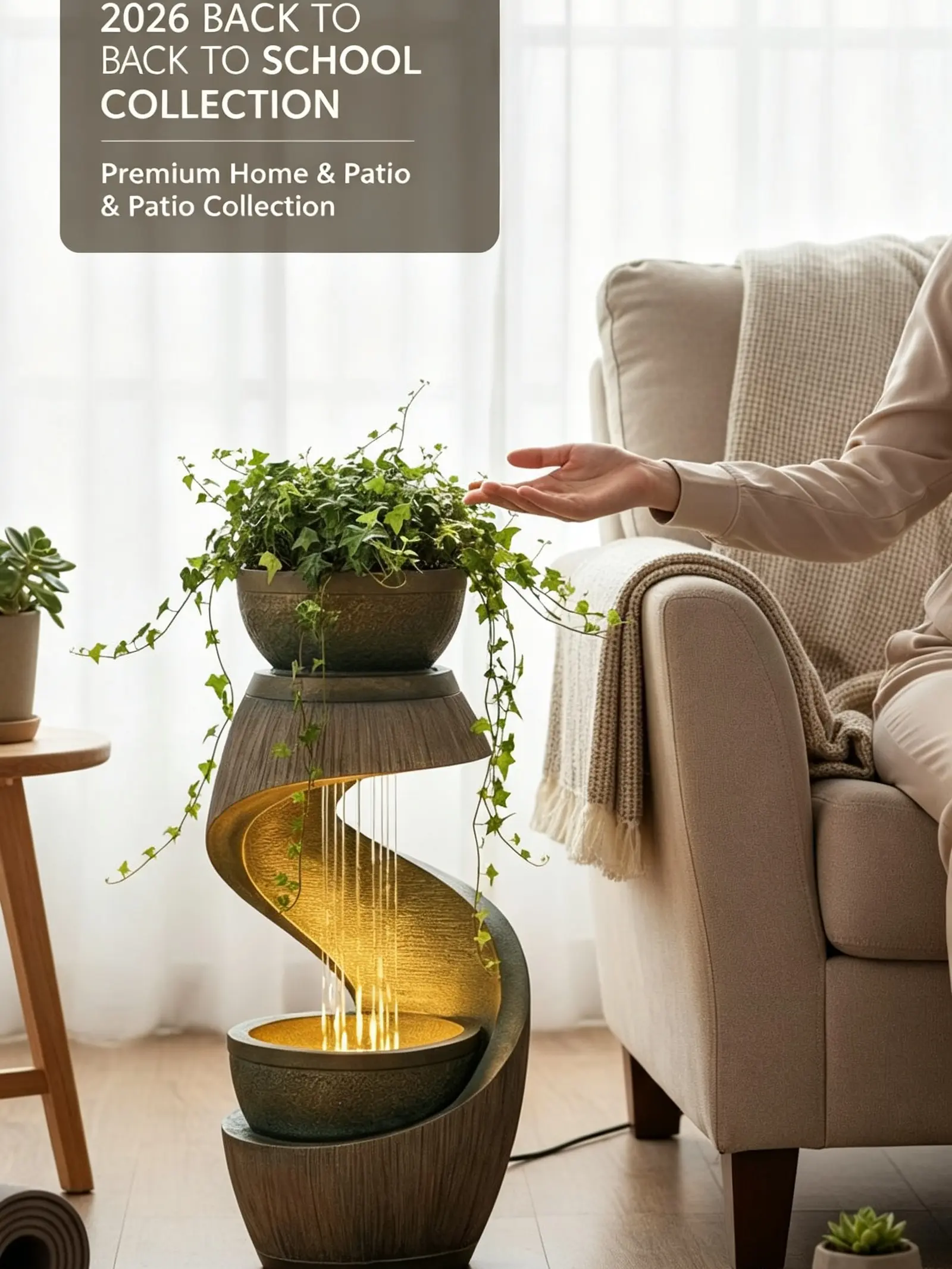 2026 US Back To School Campaign Tankana 32" Modern S-Shaped Cascading Hanging Fountain - 1-Piece Single Glam Fountains & Bird Baths, Rough Textured Exterior, Planter, LED Lights, Gray-Gold Aesthetic, Plug-and-Play Setup, Indoor/Outdoor Relaxation Decor