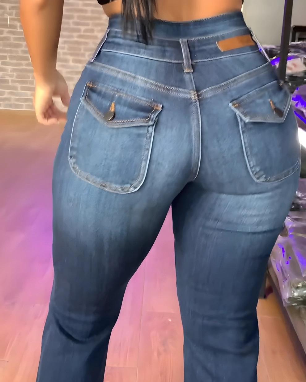 Women's High-Waisted Flared Jeans, Stretchy Denim, Stitched Design, Slim Fit, Hip-Lifting Slimming, Versatile, All Season & Occasions