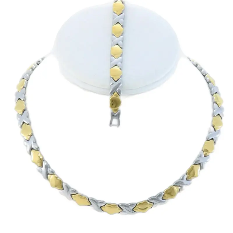 Two-Toned Stainless Steel XOXO Hugs & Kisses Necklace Bracelet Set 18 Inch Fashion Jewelry Gift