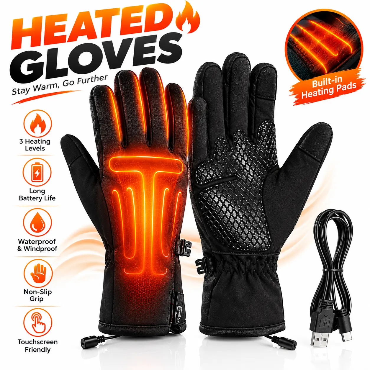 Heated Gloves Electric Battery-Operated 3-Level Heating Touchscreen Waterproof Windproof for Men and Women Cold Winter Motorcycle Skiing Outdoor Work