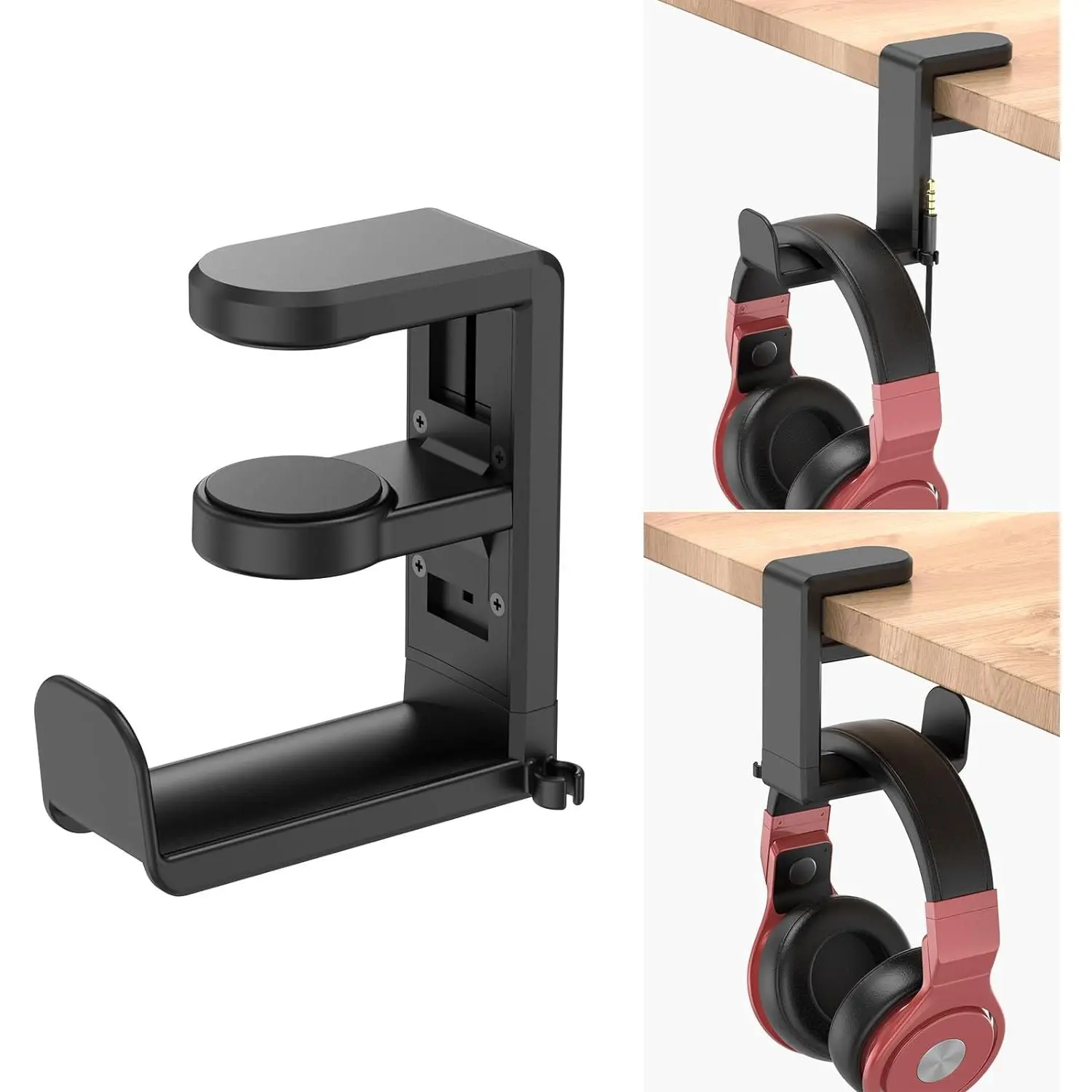 Rotating Headphone Stand - PC Gaming Headset Stand, Adjustable Clamp-on Headphone Holder, Headphone Hanger Hook Under Desk with 360 Degree Swivel&Cable Clip Organizer - Black