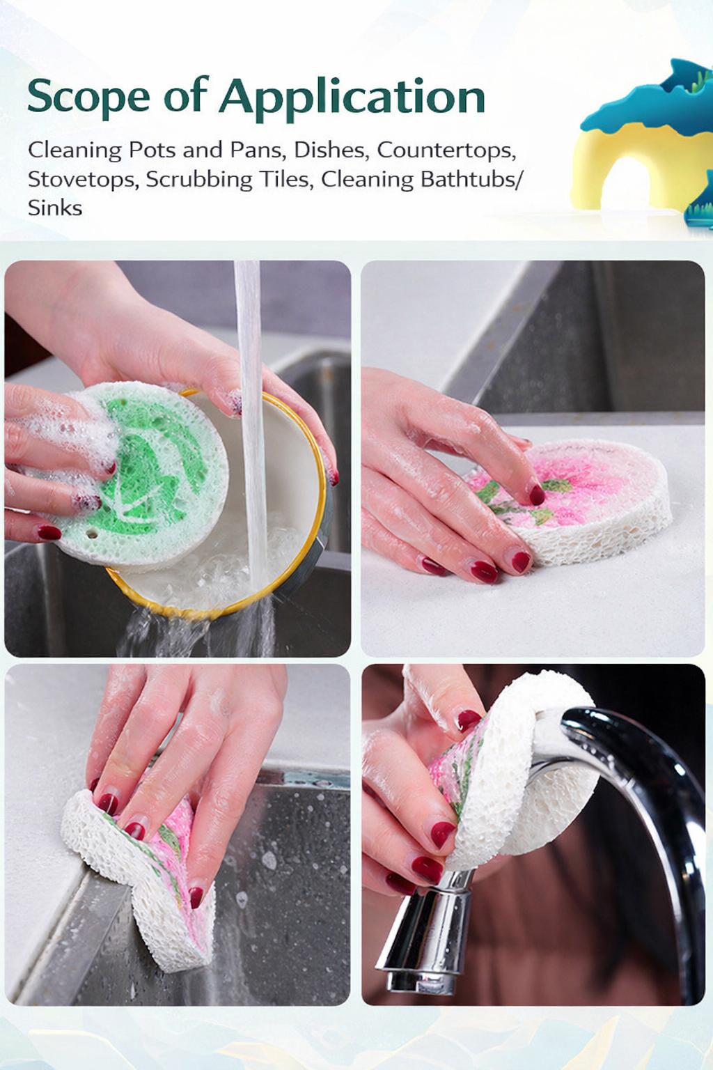 Wood-Based Eco-Friendly Cellulose Scrubber Pads - Scratch Free, Thickened Soft, High-Absorbency Expandable Foam Floral, 2026 Cute Home Care Cleaning Tools for Kitchen & Bathroom, Scratch Free Sponges, Scrubber Pad