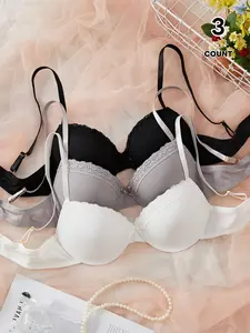 3-Pack Women's Sexy Ribbed Satin Push-Up Bras, Lace Details & Bow Decor, Adjustable, Underwire Medium Support, Lined, All Seasons Gift