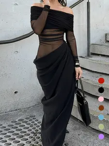 Women's Plain Off Shoulder Ruched Sheer Mesh Dress, 2025 Elegant Long Sleeve Long Dress for Party Banquet, Ladies Summer Clothes