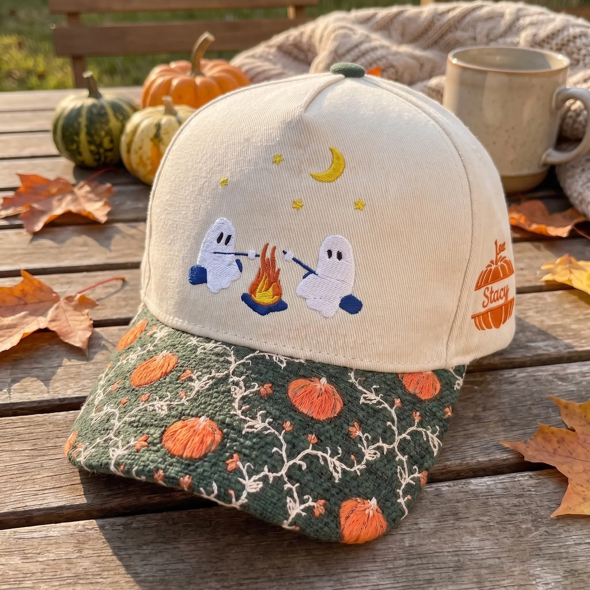 Cute Ghost Campfire Embroidered Baseball Cap, Fall Pumpkin Pattern Brim Hat, Spooky Halloween Graphic Beige Trucker Hat, Cozy Season Aesthetic Dad Hat, Trendy Autumn Outdoor Sun Cap Gift