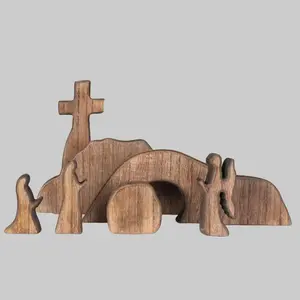 Easter Resurrection Scene Wooden Decor Set – Empty Tomb, Cross, Hill Figurines,Easter religious figurinesEaster religious figurines,Easter tabletop decorWooden Easter Resurrection Scene Decor – Empty Tomb, Cross, Hill Tabletop Set