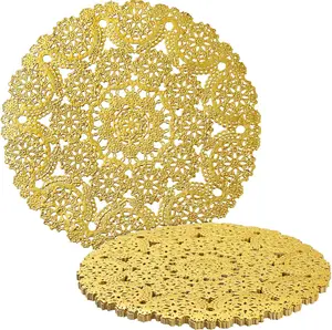 60 Pack 10 Inch Gold Paper Doilies for Dining Table, Round Decorative Medallion Lace Placemats for Wedding