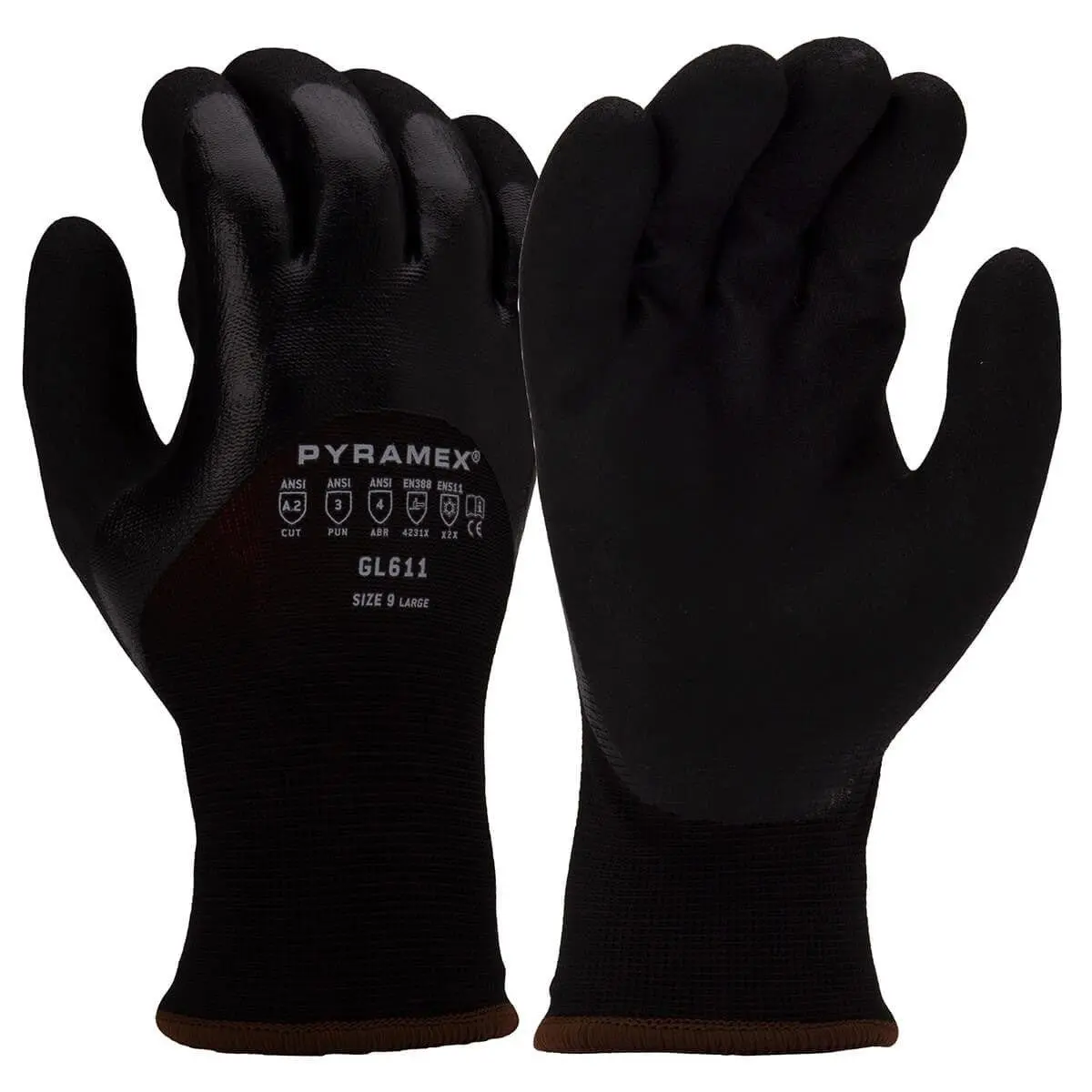 Pyramex GL611 Winter Sandy 3/4 Dipped Nitrile-Coated Work Gloves, ANSI Cut Level 2, Abrasion Rating 4, Ideal for Carpentry & Home Improvement Safety Applications
