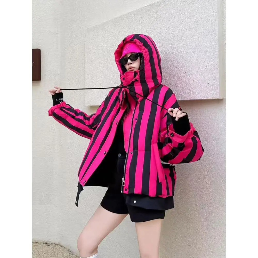 Short Striped Puffer Jacket for Women - Casual Hooded Duck Down Coat, Thick Waterproof Outdoor Winter Outwear, Cotton, Outerwear, Lady