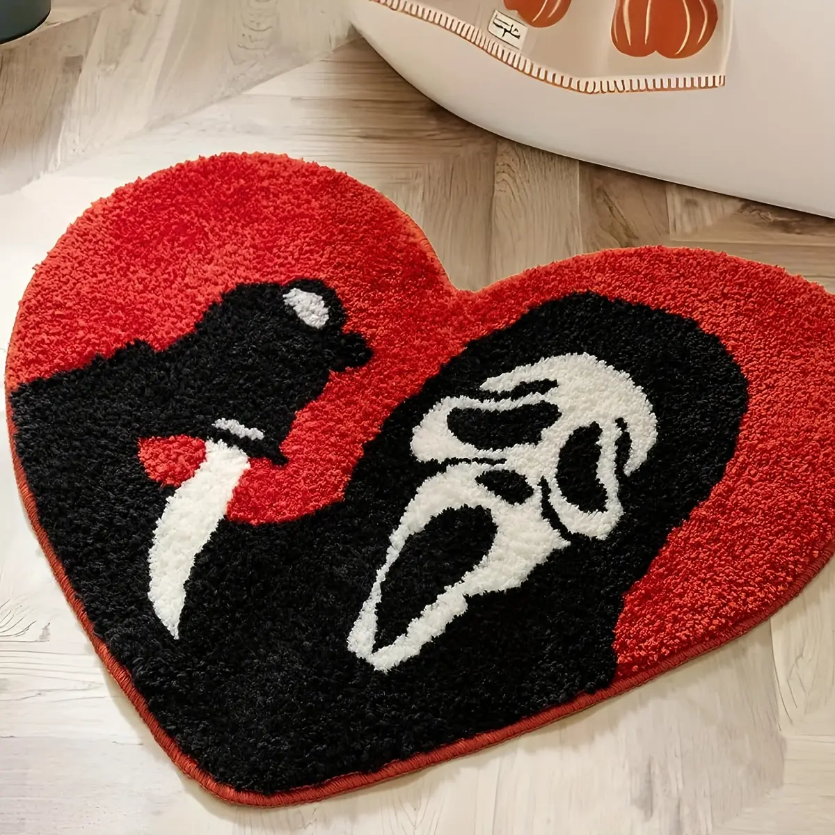 Ghost-Heart Style Bathroom Floor Mat, Pink Gothic Non-Slip Washable Absorbent Rug, Spooky Heart Mat for Halloween Home Bathroom Decor