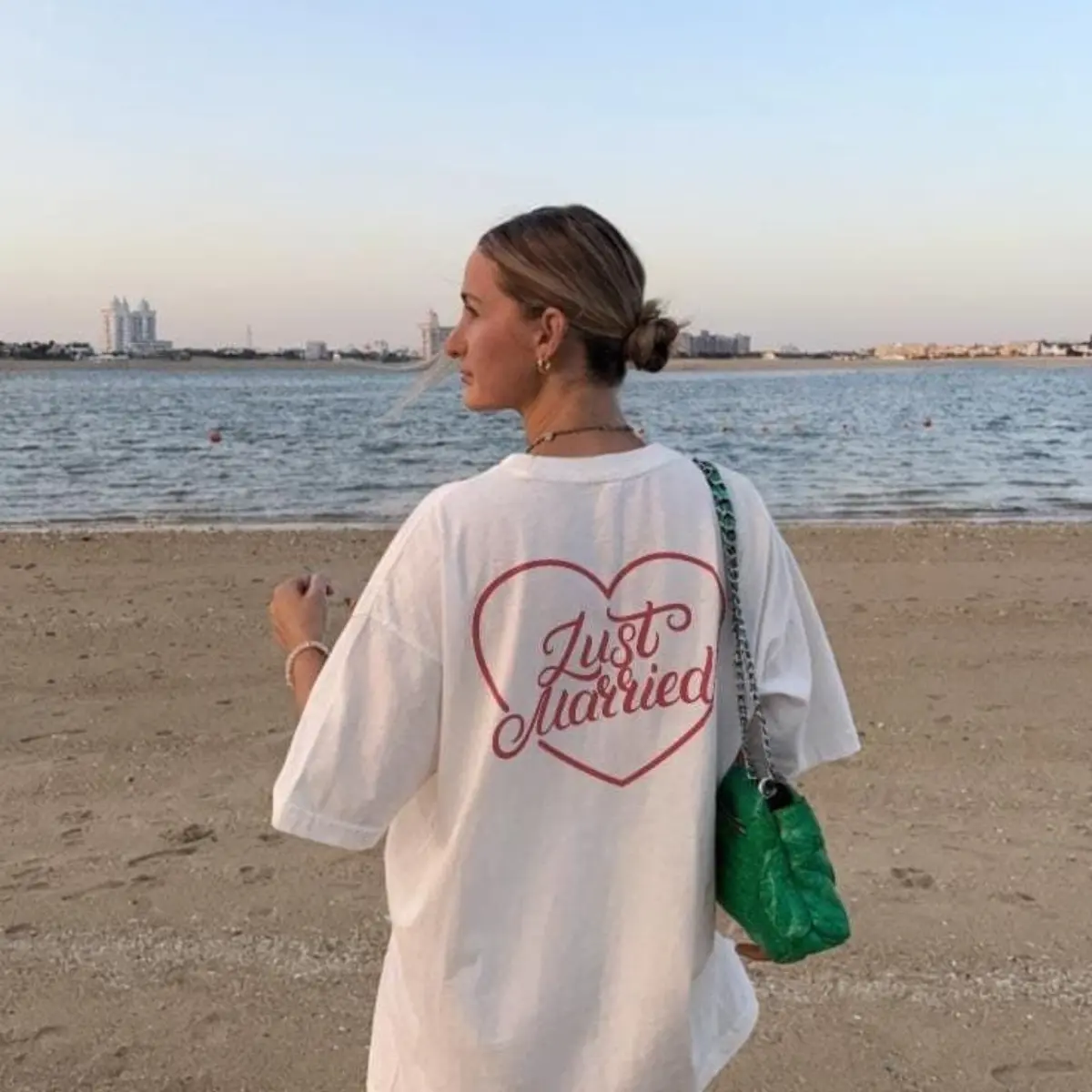 Just Married Heart Shirt Honeymoon Vacation Graphic Tee Bridal Back Print Comfort Colors White T-Shirt