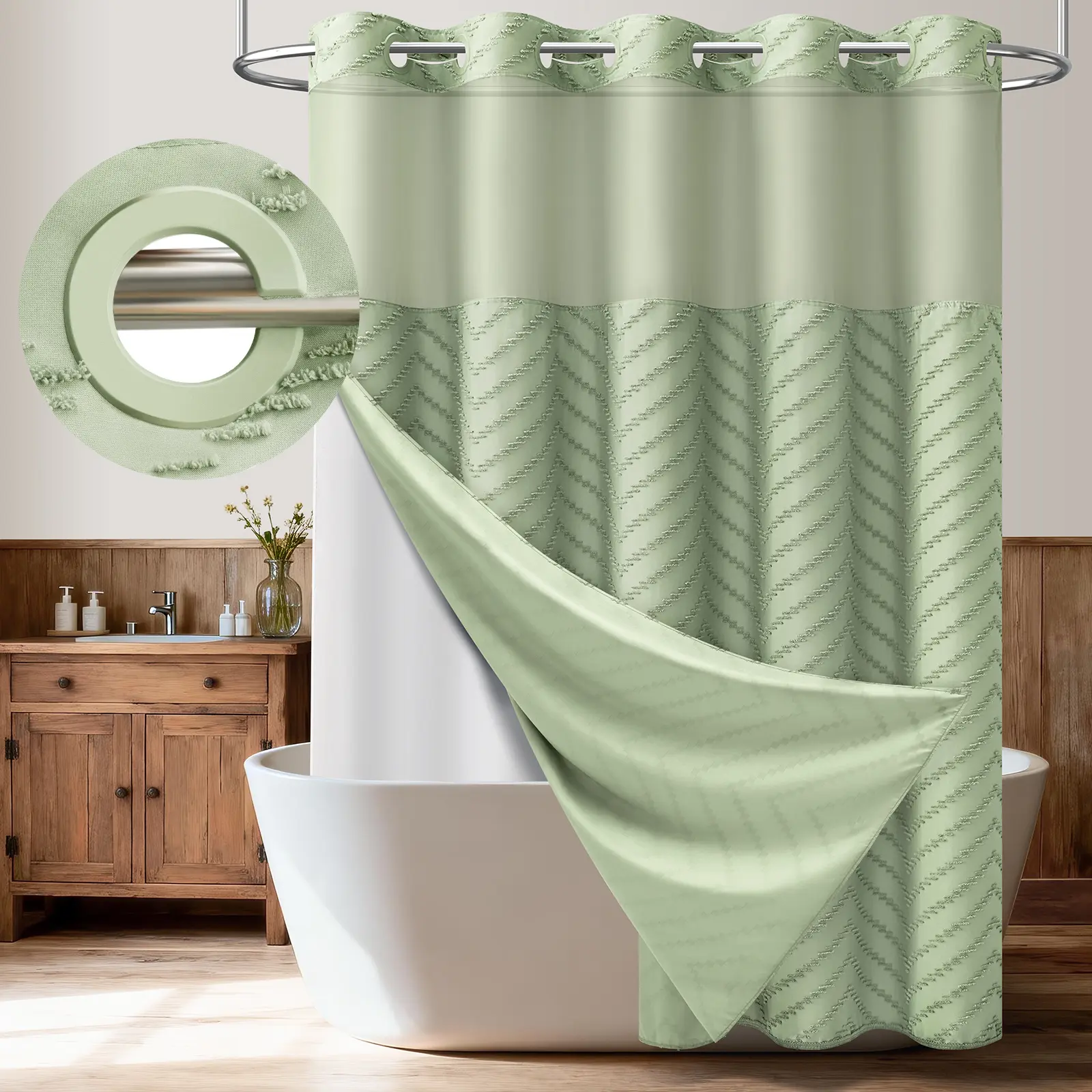 Hook-Free Boho Tufted Chevron Striped Shower Curtain with Snap-In Magnetic Liner, Modern Textured, Sheer Window, Waterproof 3-in-1 Set