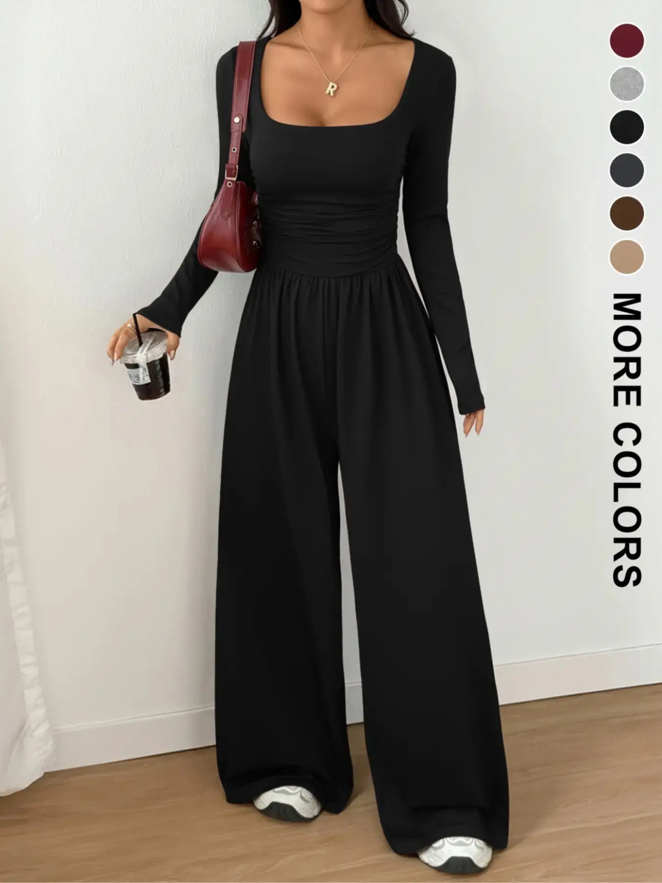 Women's Fall Winter Knit Fitted Wide Leg Jumpsuit Casual Fashion Plain Color Round Neck One-Piece Versatile Long Sleeve Romper