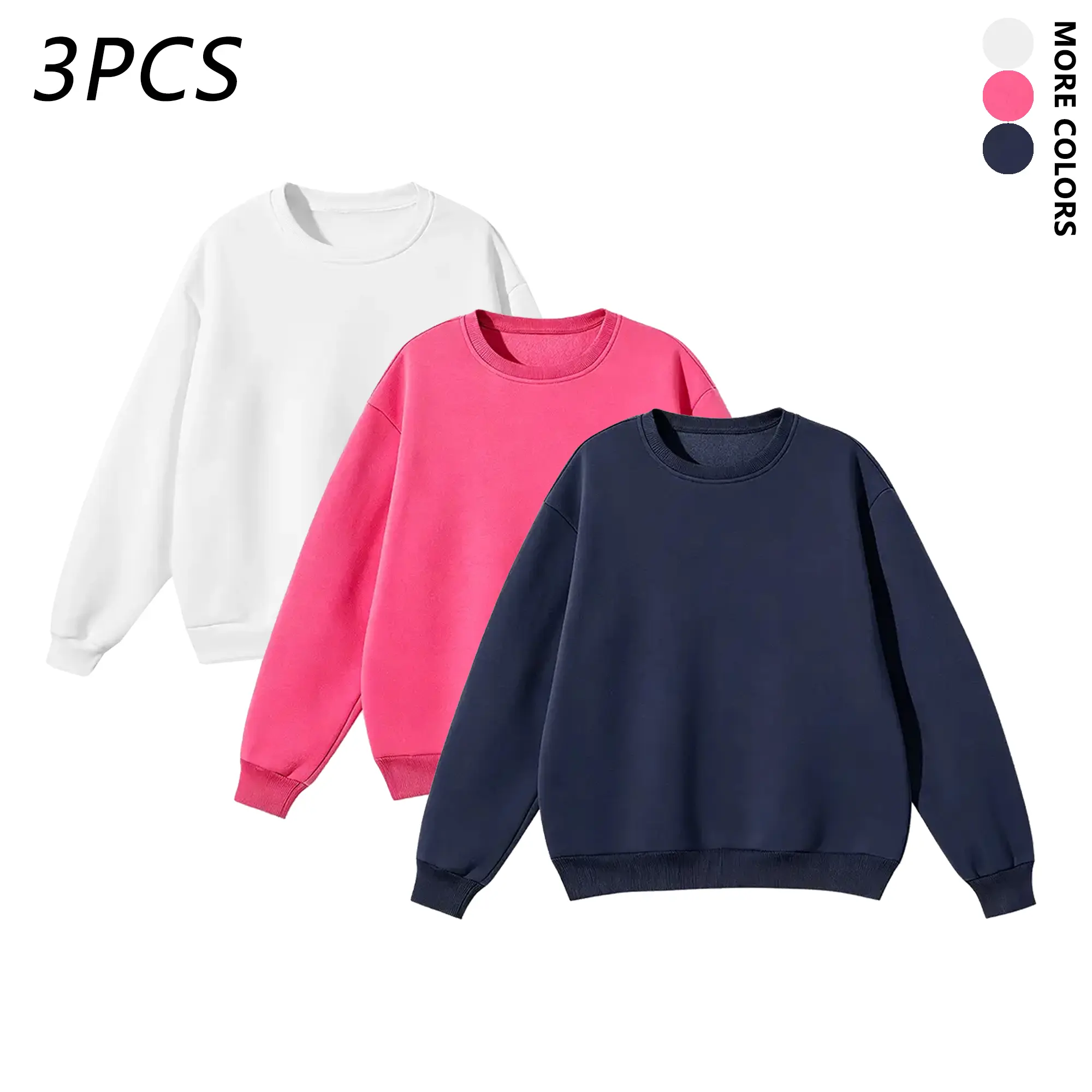 3-Pack Solid Color Warm Crew Neck Long Sleeve Sweatshirts — Soft, warm pullover for autumn/winter; machine washable casual and athletic wear; suitable for cold weather; comfortable fabric; unisex style